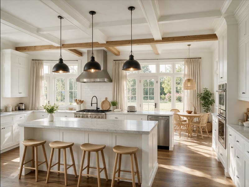 Remodeled luxury kitchen interior with white cabinetry and large island