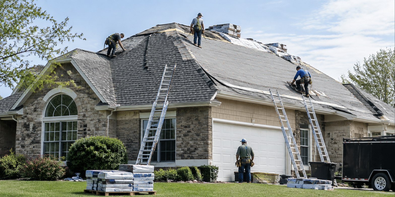 Nassau Roofing and Remodeling crew installing a new roof on a Long Island home